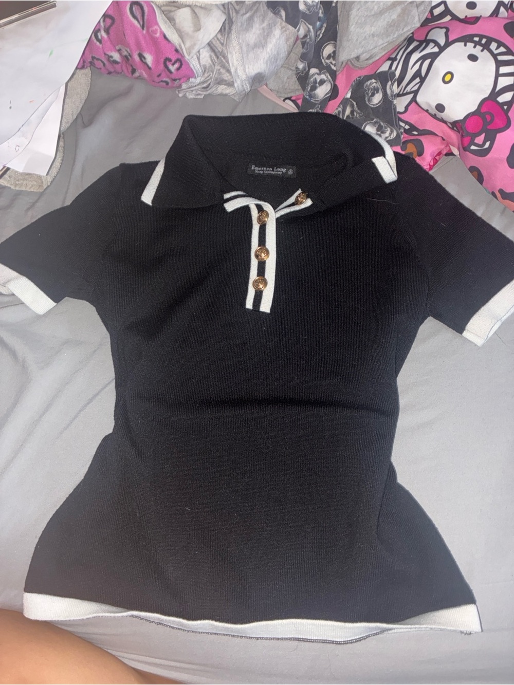 Black Knit Polo Top with White Trim